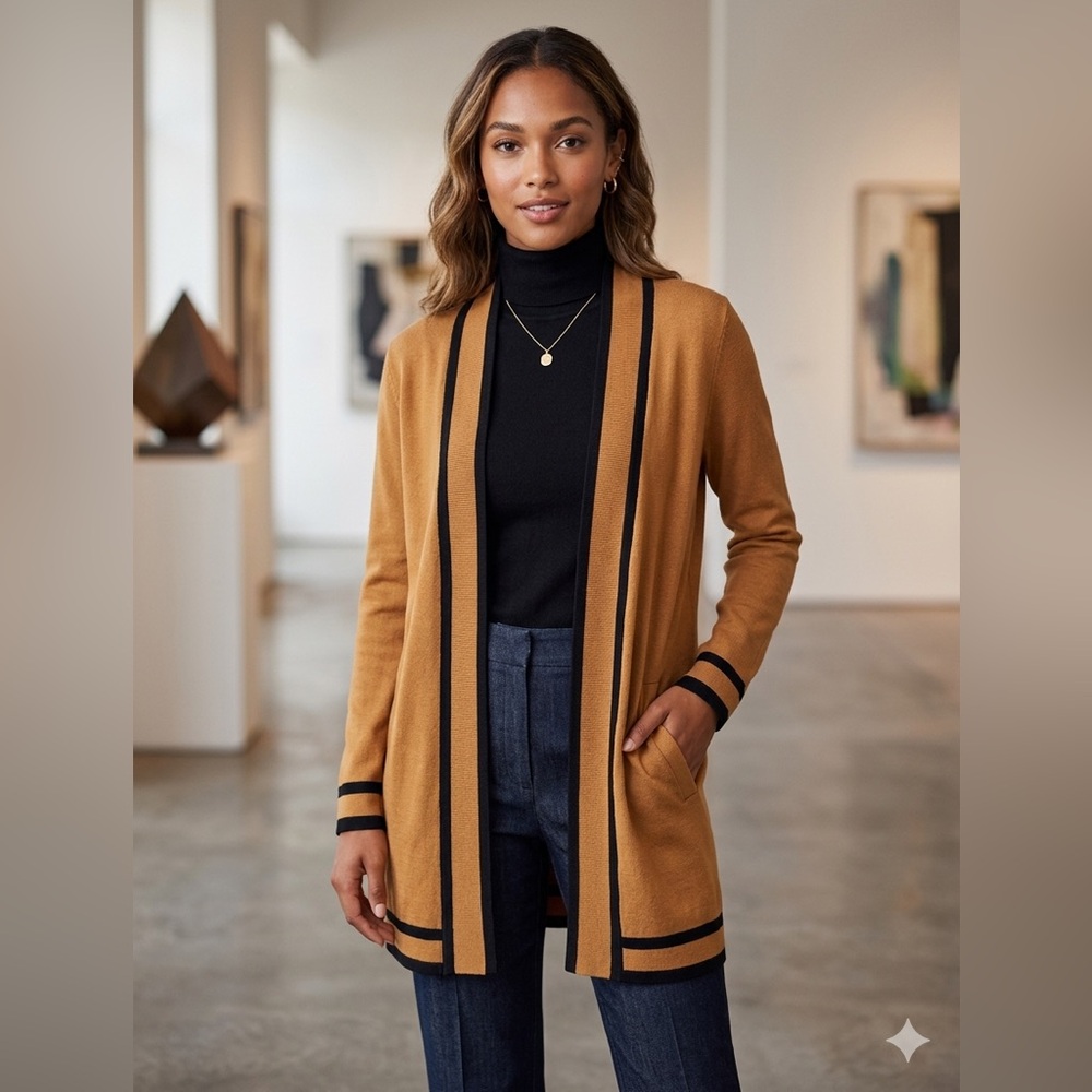 Take 50% OFF- Liz Claiborne Open Front Camel Cardigan with Black Trim, Size-S